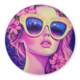 Neon Dream Girl met een bloemenzonnebril Keramische Knop