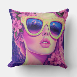 Neon Dream Girl met een bloemenzonnebril Kussen