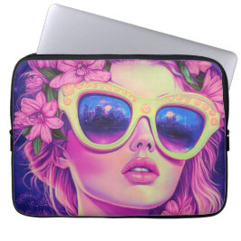 Neon Dream Girl met een bloemenzonnebril Laptop Sleeve