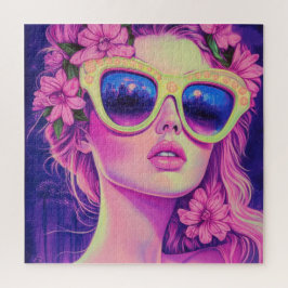 Neon Dream Girl met een bloemenzonnebril Legpuzzel