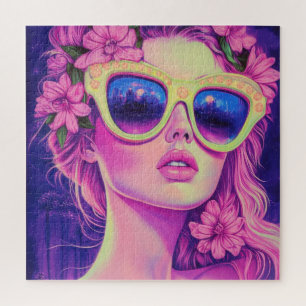 Neon Dream Girl met een bloemenzonnebril Legpuzzel