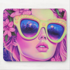 Neon Dream Girl met een bloemenzonnebril Muismat