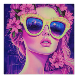 Neon Dream Girl met een bloemenzonnebril Perfect Poster