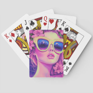 Neon Dream Girl met een bloemenzonnebril Pokerkaarten