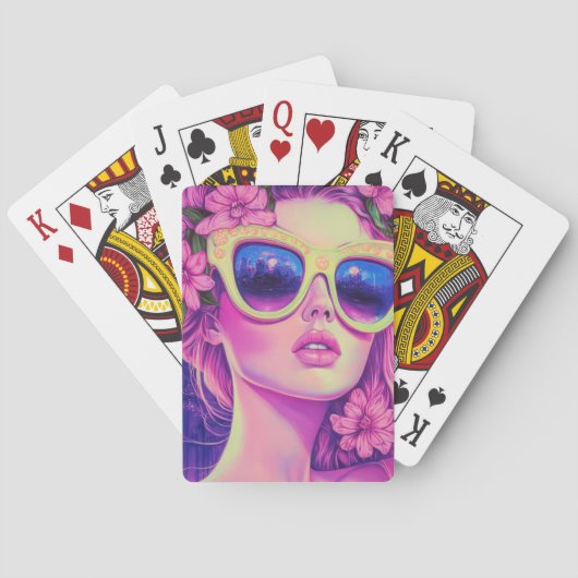 Neon Dream Girl met een bloemenzonnebril Pokerkaarten (Achterkant)