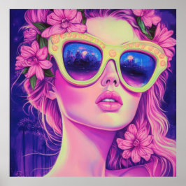 Neon Dream Girl met een bloemenzonnebril Poster