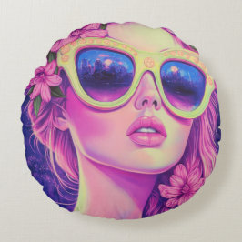 Neon Dream Girl met een bloemenzonnebril Rond Kussen