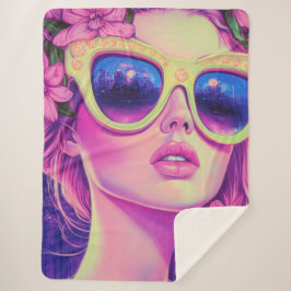 Neon Dream Girl met een bloemenzonnebril Sherpa Deken