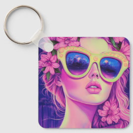Neon Dream Girl met een bloemenzonnebril Sleutelhanger