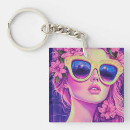 Neon Dream Girl met een bloemenzonnebril Sleutelhanger