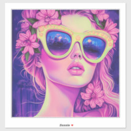 Neon Dream Girl met een bloemenzonnebril Sticker
