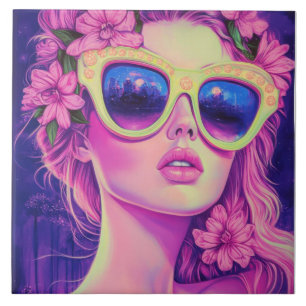 Neon Dream Girl met een bloemenzonnebril Tegeltje