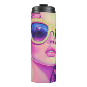 Neon Dream Girl met een bloemenzonnebril Thermosbeker
