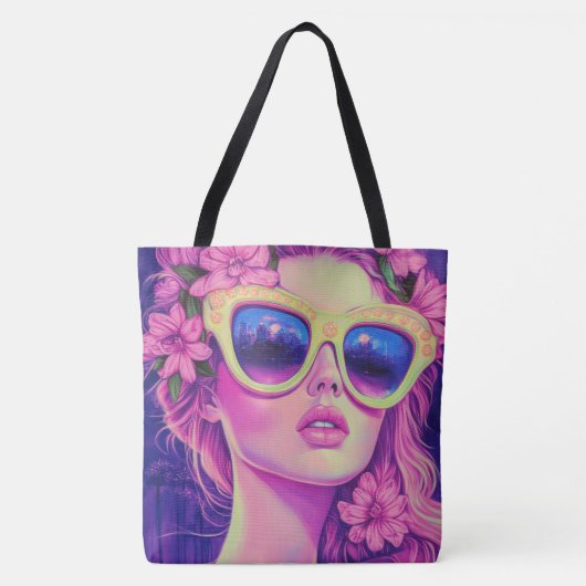 Neon Dream Girl met een bloemenzonnebril Tote Bag (Voorkant)