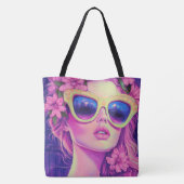 Neon Dream Girl met een bloemenzonnebril Tote Bag (Achterkant)