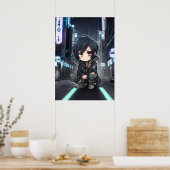 Neon Dreams: Een Chibi's Cyberpunk Anime Avontuur Poster (Keuken)