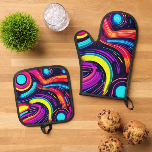Neon Dreamscape Art Ovenwant & Pannenlap Set (Top down)