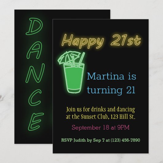 Neon Drinken en dansende 21e verjaardag Kaart (Voorkant / Achterkant)