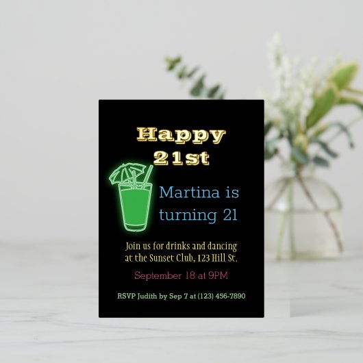 Neon Drinken en Dansende 21e verjaardag Partij Folie Uitnodiging Briefkaart (Staand Voorkant)