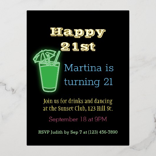 Neon Drinken en Dansende 21e verjaardag Partij Folie Uitnodiging Briefkaart (Voorkant)