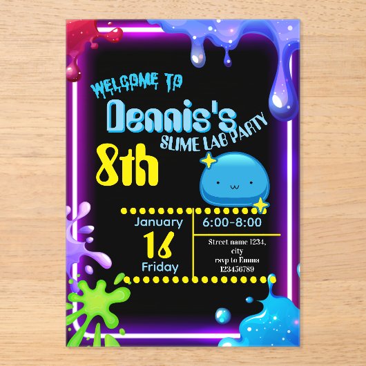 Neon Drip Slime Verjaardagsfeest Uitnodiging Kinde (Voorkant)