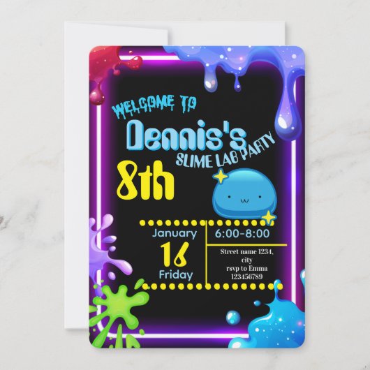Neon Drip Slime Verjaardagsfeest Uitnodiging Kinde (Voorkant)