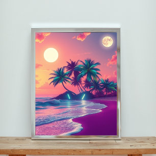 Neon Dromen: Een Serene Tropische Strandzonsonderg Poster
