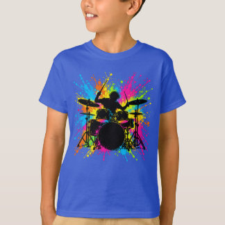 Neon Drummer Silhouet Kleurrijke Spatten Muziek T-shirt