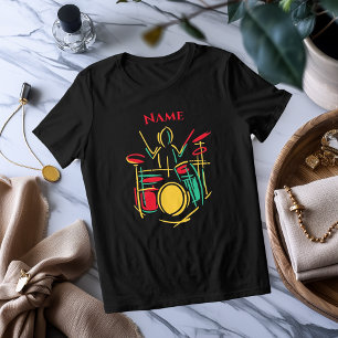 Neon Drums Lijn Kunst Levendig Muzikaal T-Shirt
