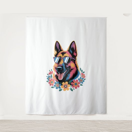 Neon Duitse herder met zonnebril Wandkleed (Voorkant)