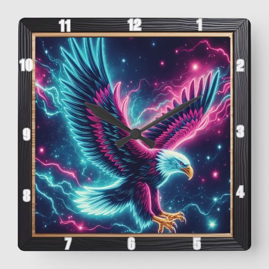 Neon Eagle Lightning Bolt Vierkante Klok (Voorkant)