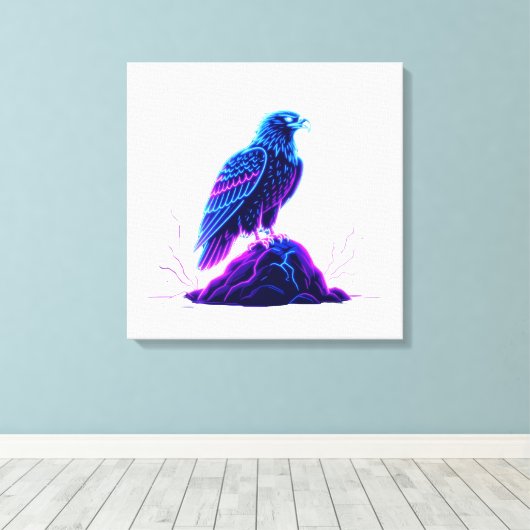 Neon Eagle on Glowing Rock – Cyberpunk Style Canvas Afdruk (Insitu (Houten vloer))