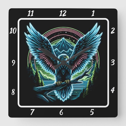 Neon Eagle Skyline Vierkante Klok (Voorkant)