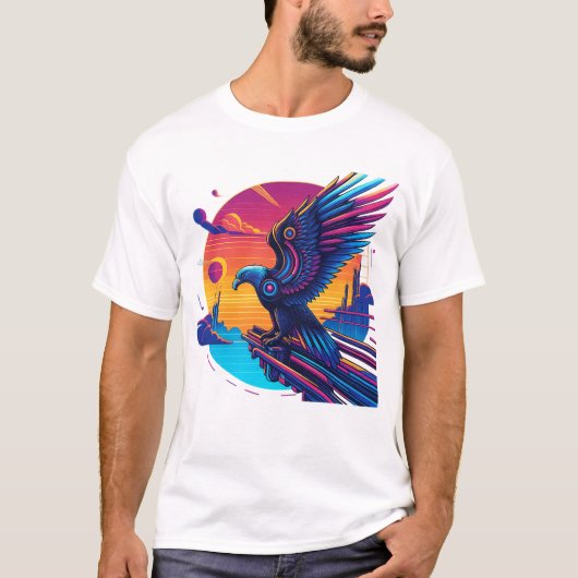 Neon Eagle Synthwave Retro Zonsondergang Cyber Art T-shirt (Voorkant)