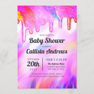 Neon Eenhoorn Holografische Glitter Drip Baby show Kaart