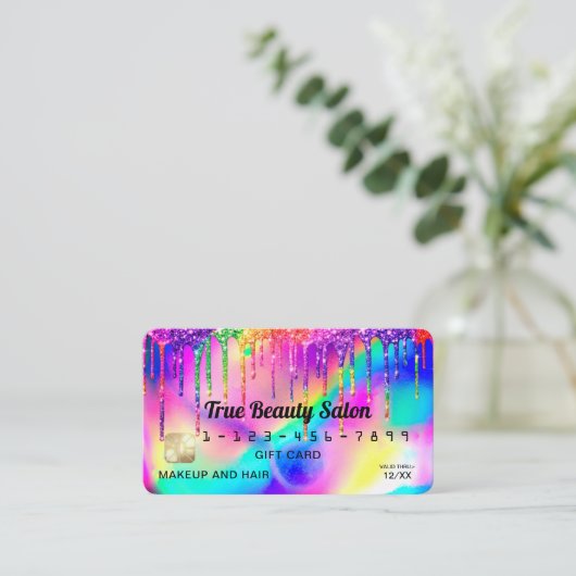 Neon Eenhoorn Holografische Glitter Druppels Credi Visitekaartje (Staand voorkant)