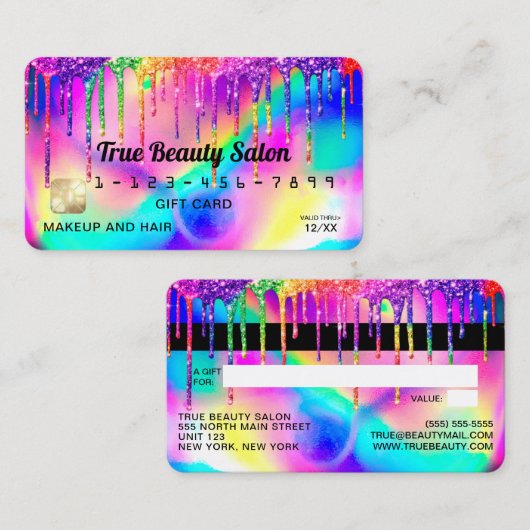 Neon Eenhoorn Holografische Glitter Druppels Credi Visitekaartje (Voorkant / Achterkant)