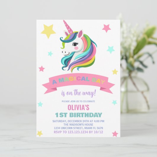 Neon Eenhoorn Verjaardagsuitnodigingen Kaart (Staand voorkant)