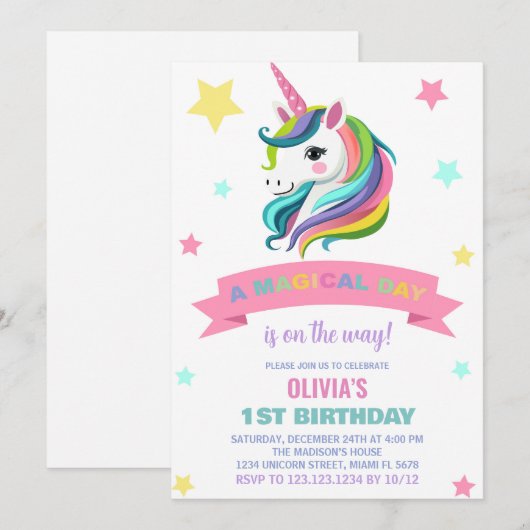 Neon Eenhoorn Verjaardagsuitnodigingen Kaart (Voorkant / Achterkant)