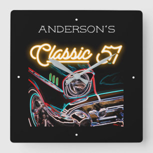 Neon Effect Chevy Classic 1957, autonaam Gold  Vierkante Klok
