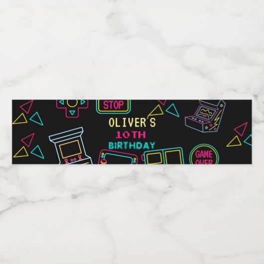 Neon Elk jaar video games arcade verjaardag Waterfles Etiket (Enkel label)