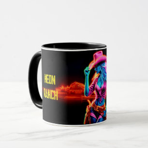 Neon fantasie cowgirl in gloeiende ranch setting mok