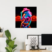 Neon fantasie cowgirl in gloeiende ranch setting poster (Thuiskantoor)