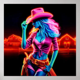 Neon fantasie cowgirl in gloeiende ranch setting poster