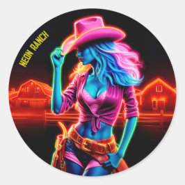 Neon fantasie cowgirl in gloeiende ranch setting ronde sticker