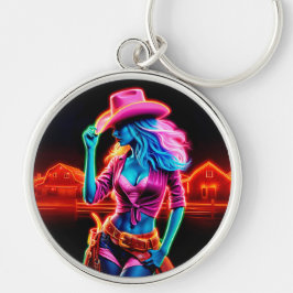 Neon fantasie cowgirl in gloeiende ranch setting sleutelhanger