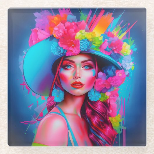 Neon Fantasy Floral Portret Glazen Onderzetter (Voorkant)