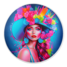Neon Fantasy Floral Portret Keramische Knop