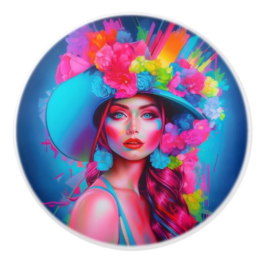 Neon Fantasy Floral Portret Keramische Knop (Voorkant)