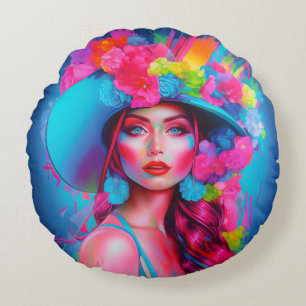 Neon Fantasy Floral Portret Rond Kussen